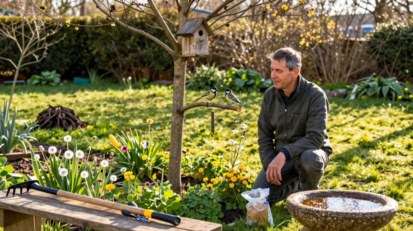 Man gardening near birdhouse with two birds and birdbath in a lush, sunny garden.