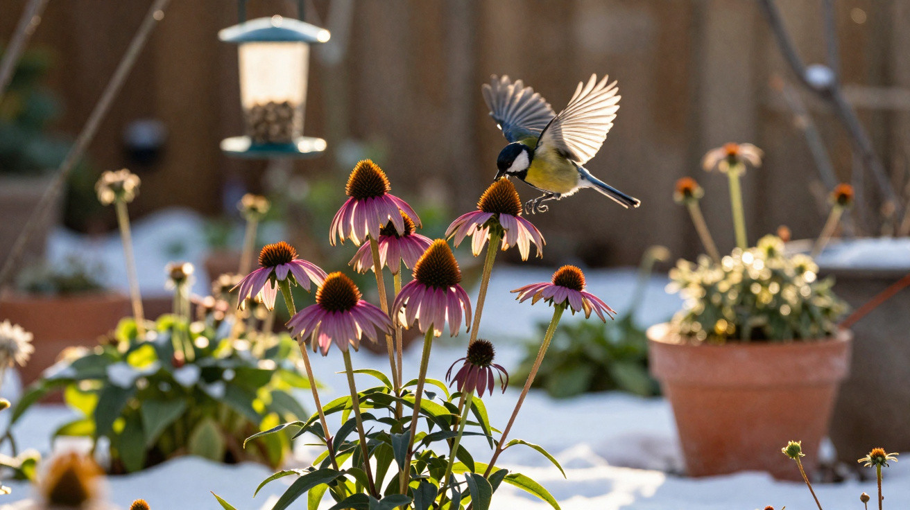 Great tit bird flying near purple coneflowers in a sunlit garden with a bird feeder in the background.