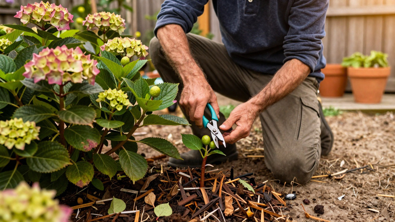 Person kneeling in a garden trimming a small plant with pruning shears near blooming hydrangeas.