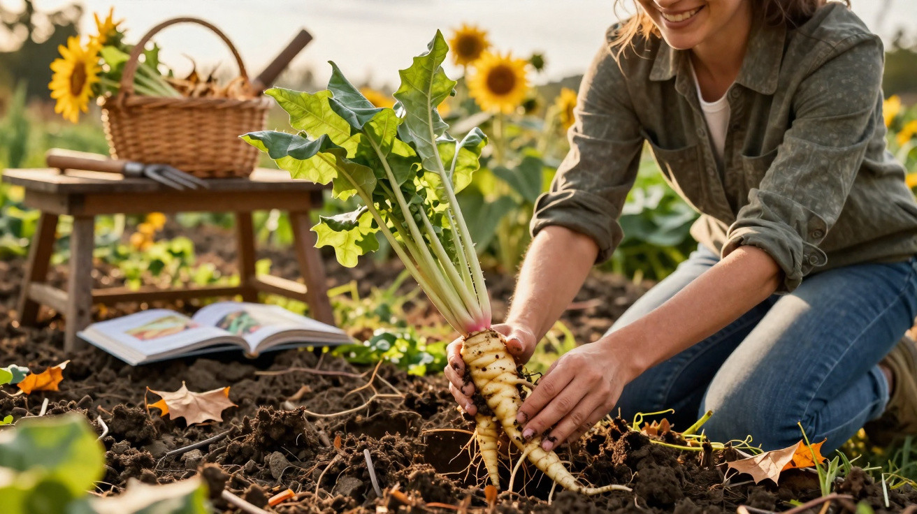 Person harvesting a root vegetable in a garden with sunflowers and a basket in the background.