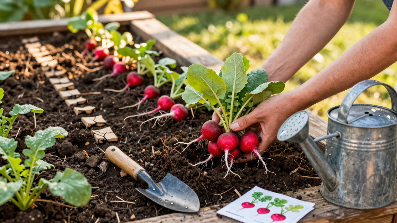 Hands harvesting fresh radishes from a raised garden bed with a watering can and trowel nearby.