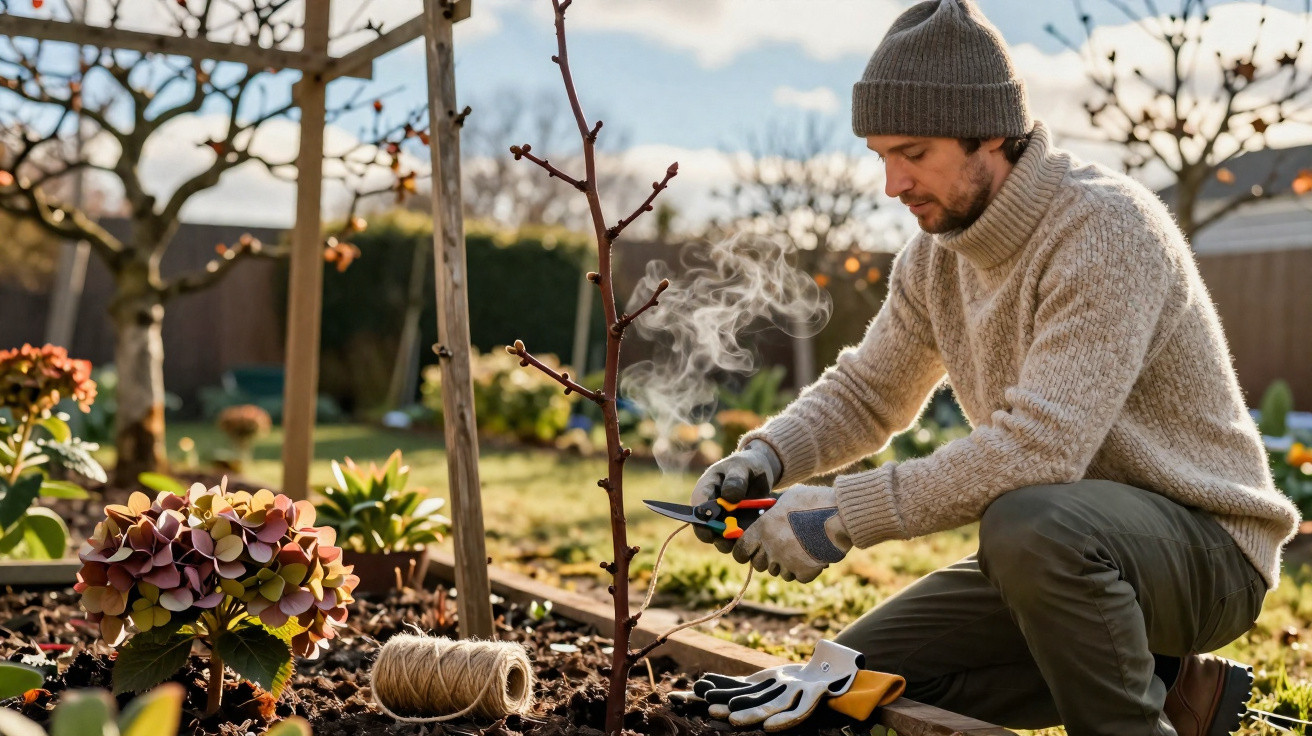 Man in wool sweater and hat pruning a young tree in a garden on a sunny day
