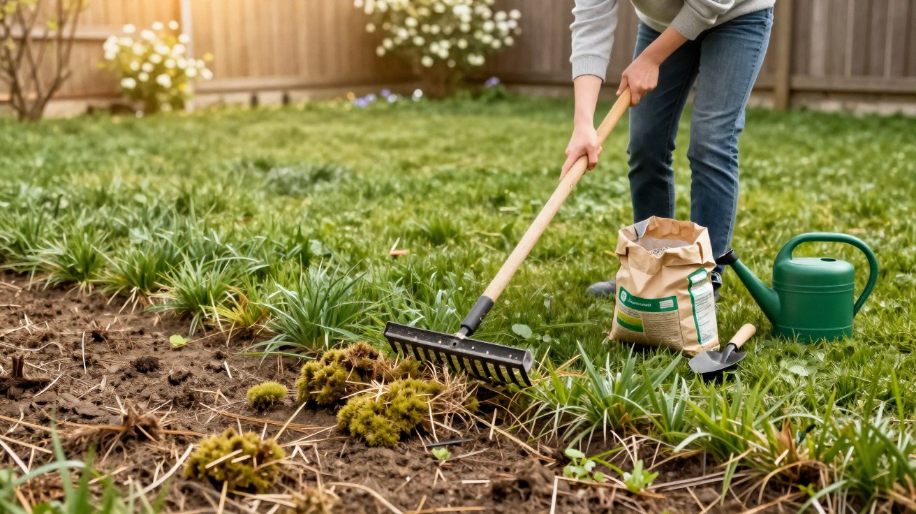 Person using a rake to clear garden soil with watering can, gardening tools and fertiliser bag nearby.