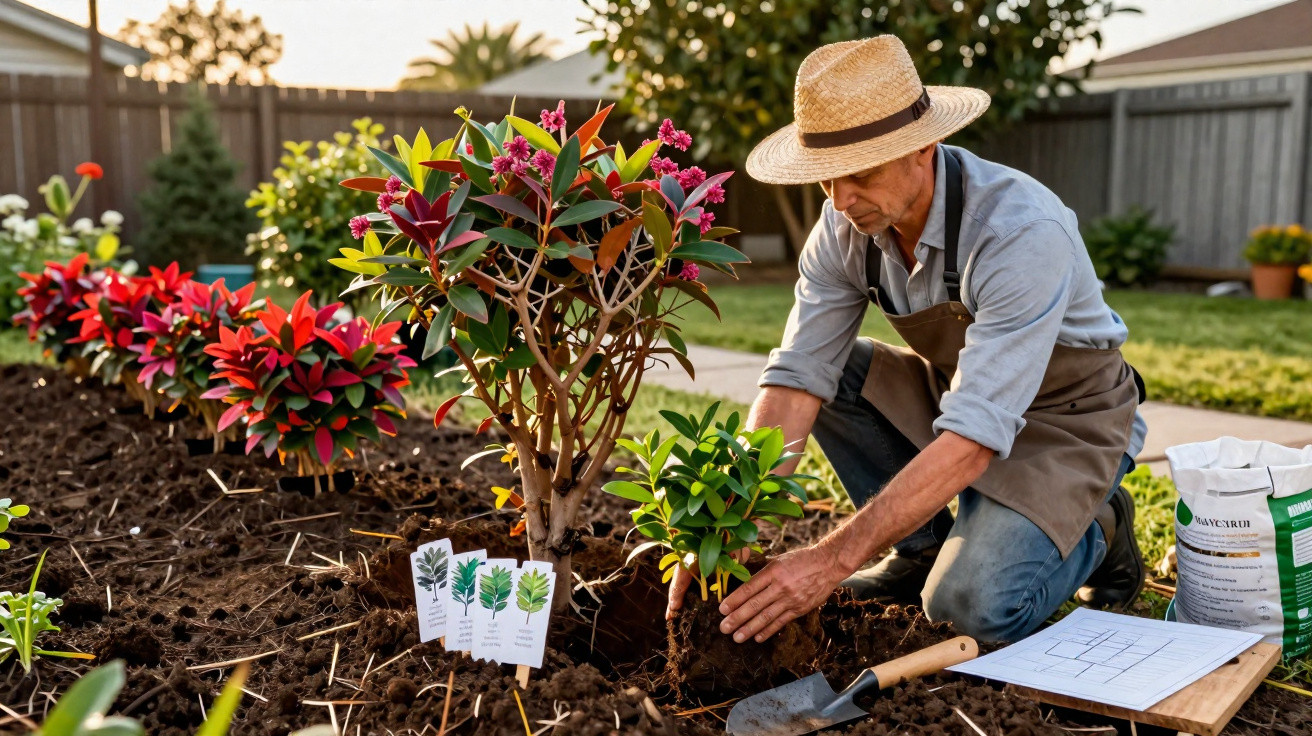 Man in a straw hat planting shrubs in a garden bed with labelled plants and gardening tools nearby.