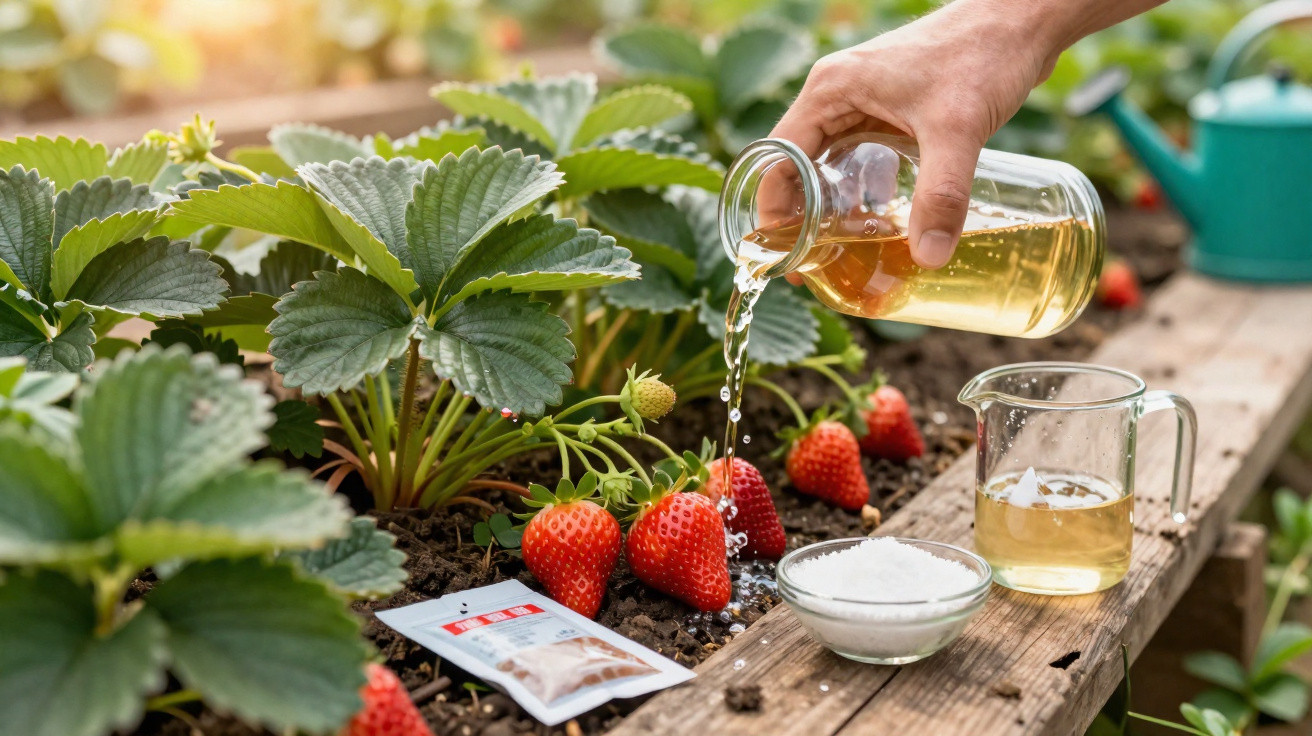 Hand pouring liquid fertiliser onto soil near ripening strawberries in a garden bed.