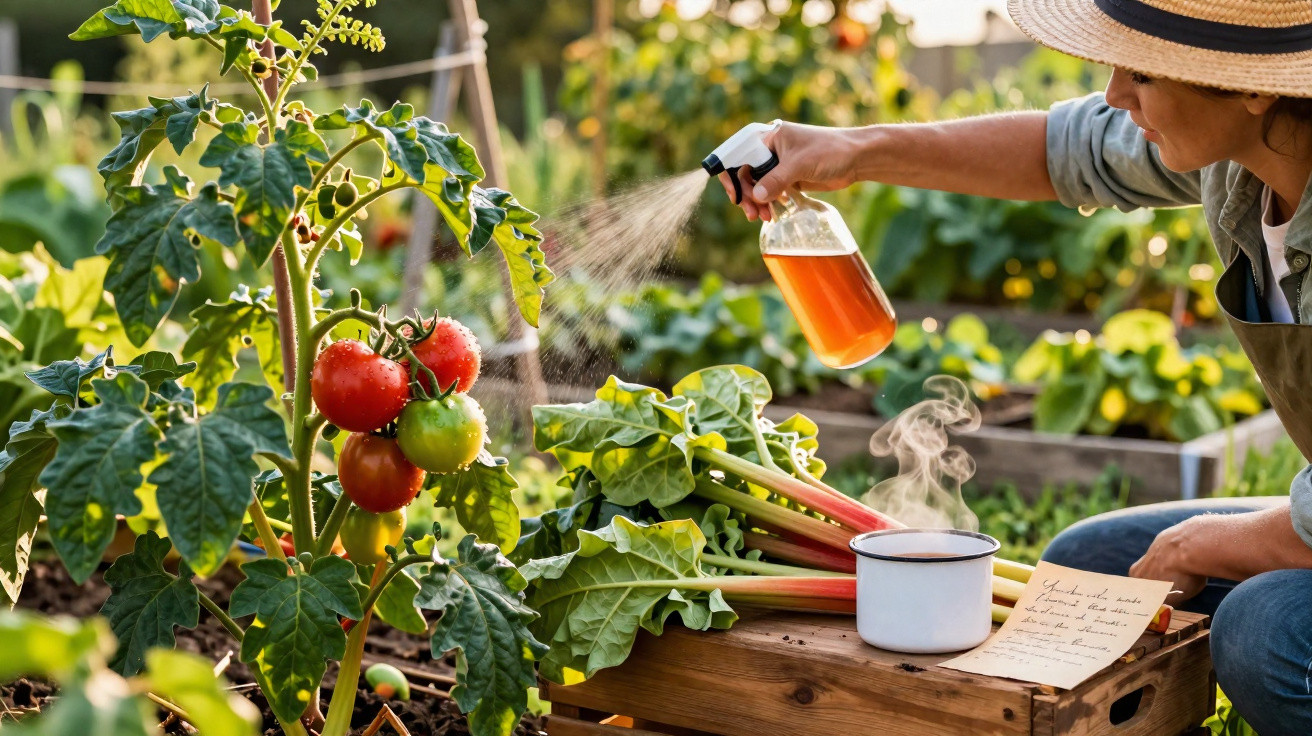 Person spraying tomato plants in a vegetable garden with fresh greens and a steaming cup nearby.
