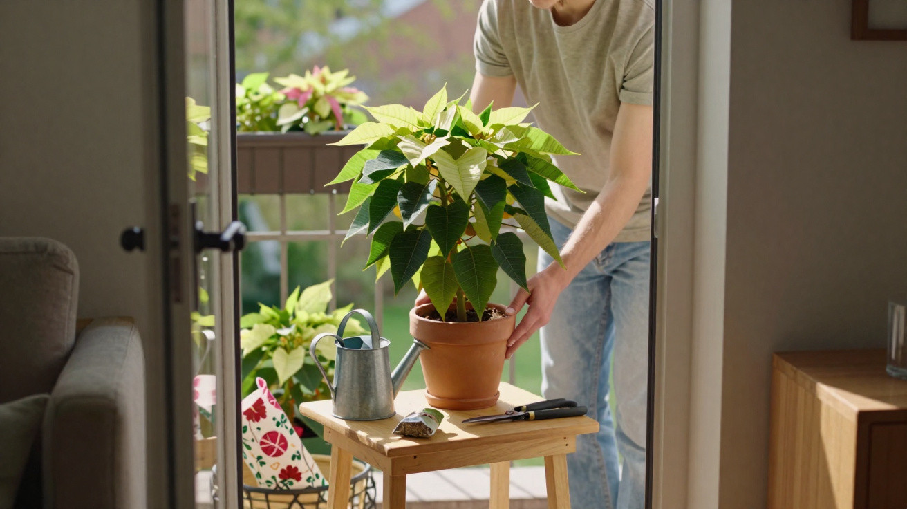 Person placing a potted poinsettia on a wooden table next to a watering can in a sunlit room.
