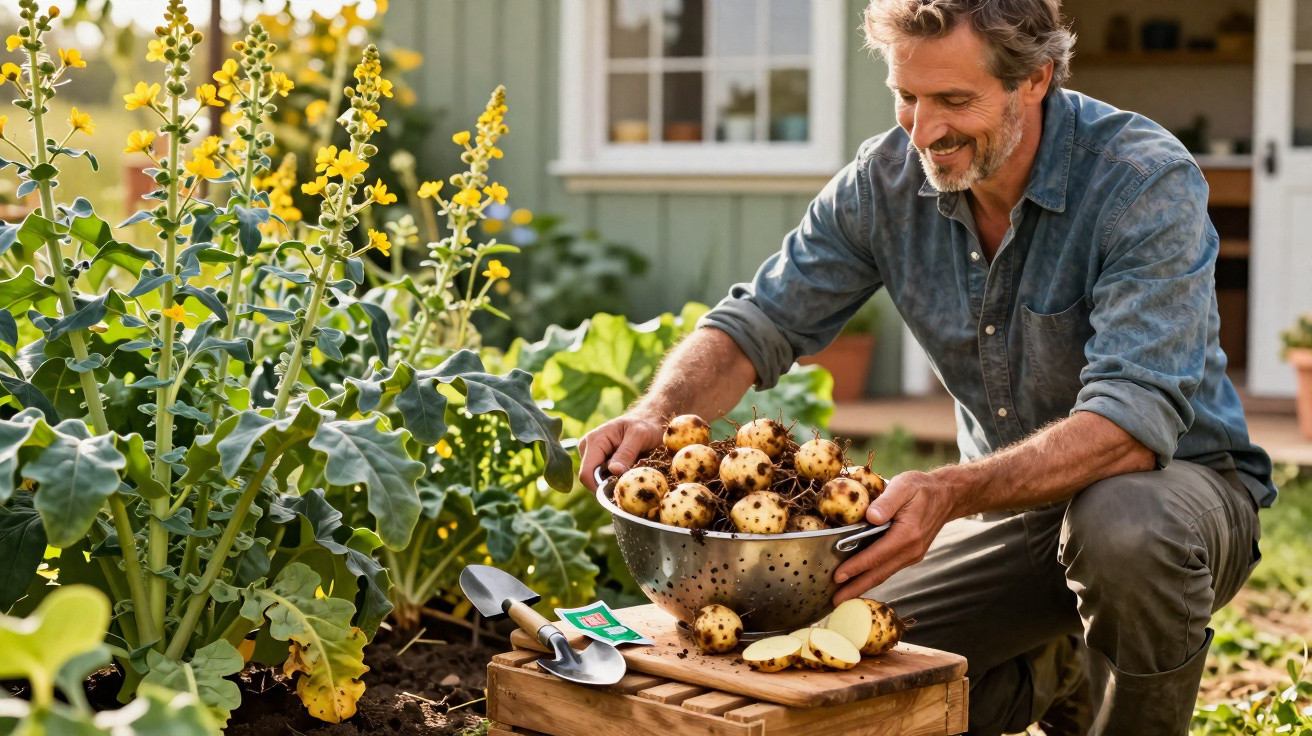 Man harvesting freshly dug potatoes in a garden with yellow flowering plants and gardening tools nearby.