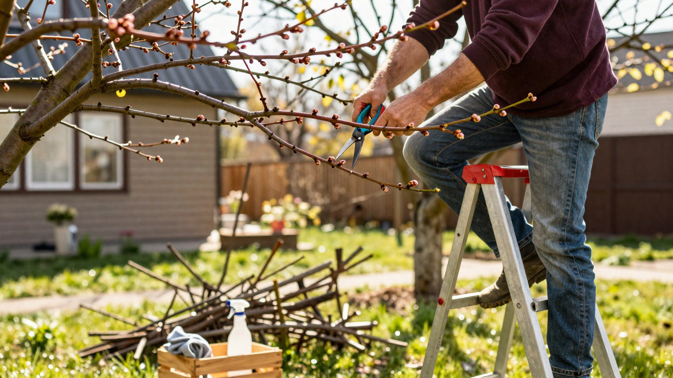 Person pruning tree branches with secateurs while standing on a step ladder in a garden.