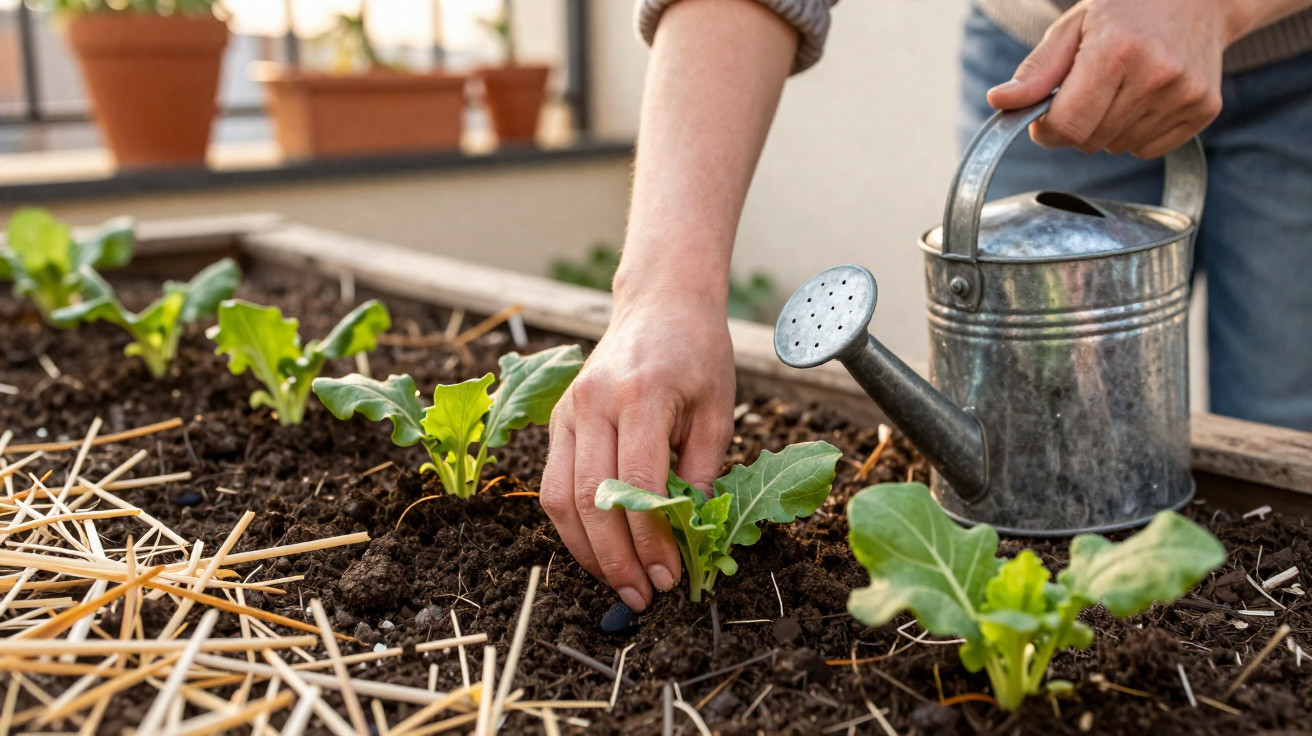 Person planting seedlings in soil beside a metal watering can in a garden bed with straw mulch.