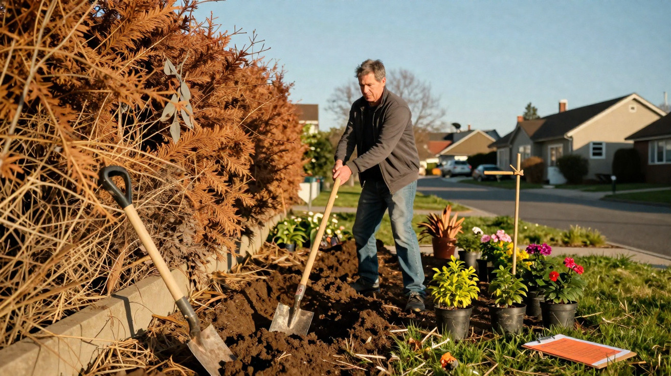 Older man digging soil in garden with spade beside plants in pots and dried hedge on a sunny day.