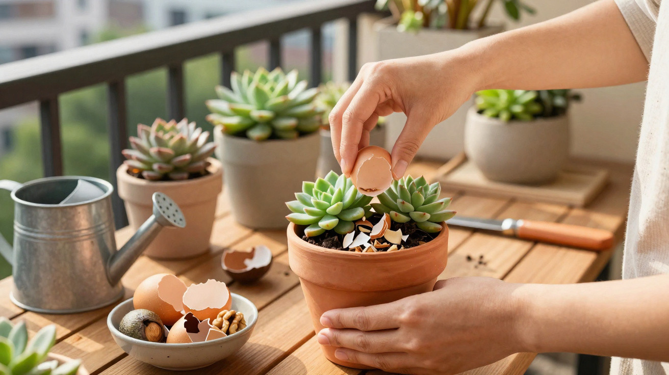Hands adding crushed eggshells as compost to a succulent plant in a terracotta pot on a wooden table.