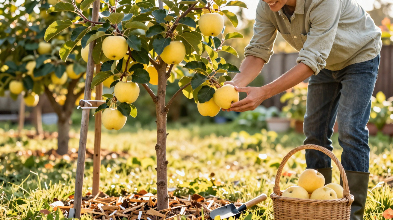 Person harvesting ripe yellow apples from a small tree in an orchard with a basket nearby.