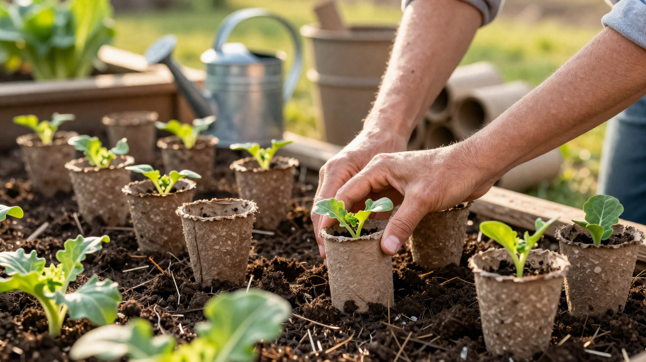 Hands planting seedlings in biodegradable pots filled with soil on a garden bed outdoors.