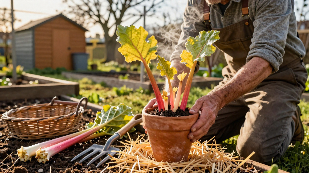 Person planting rhubarb in a terracotta pot in a garden with gardening tools and a basket nearby.