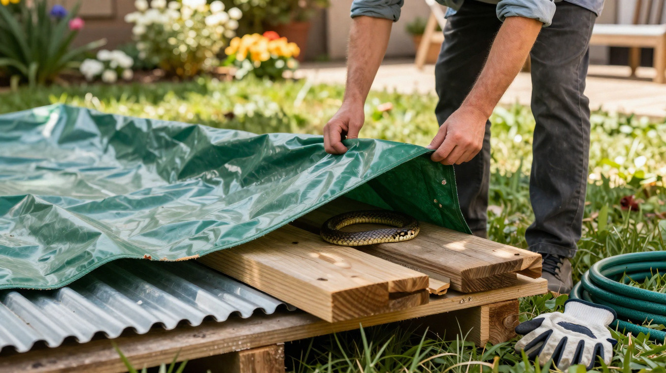 Person lifting a green tarp to reveal a coiled snake resting on wooden planks in a garden setting.