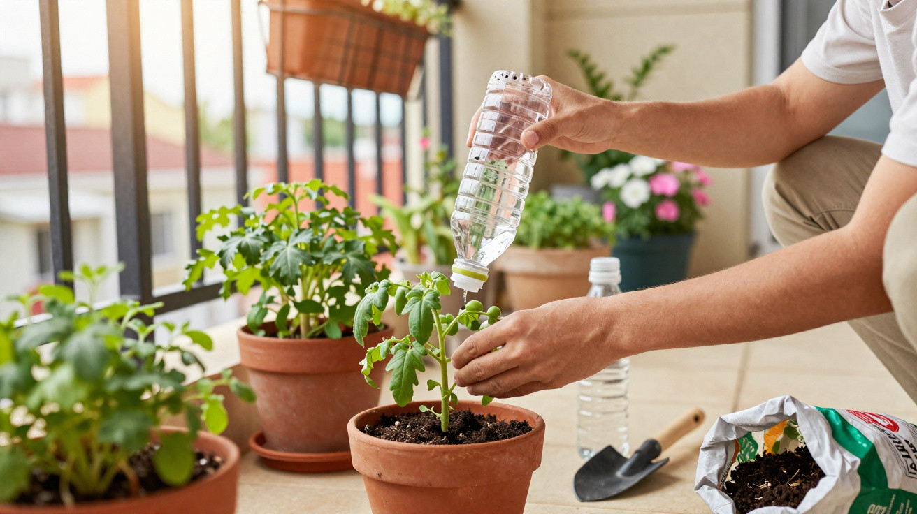 Person watering tomato plant in a terracotta pot on a balcony with gardening tools and other plants nearby