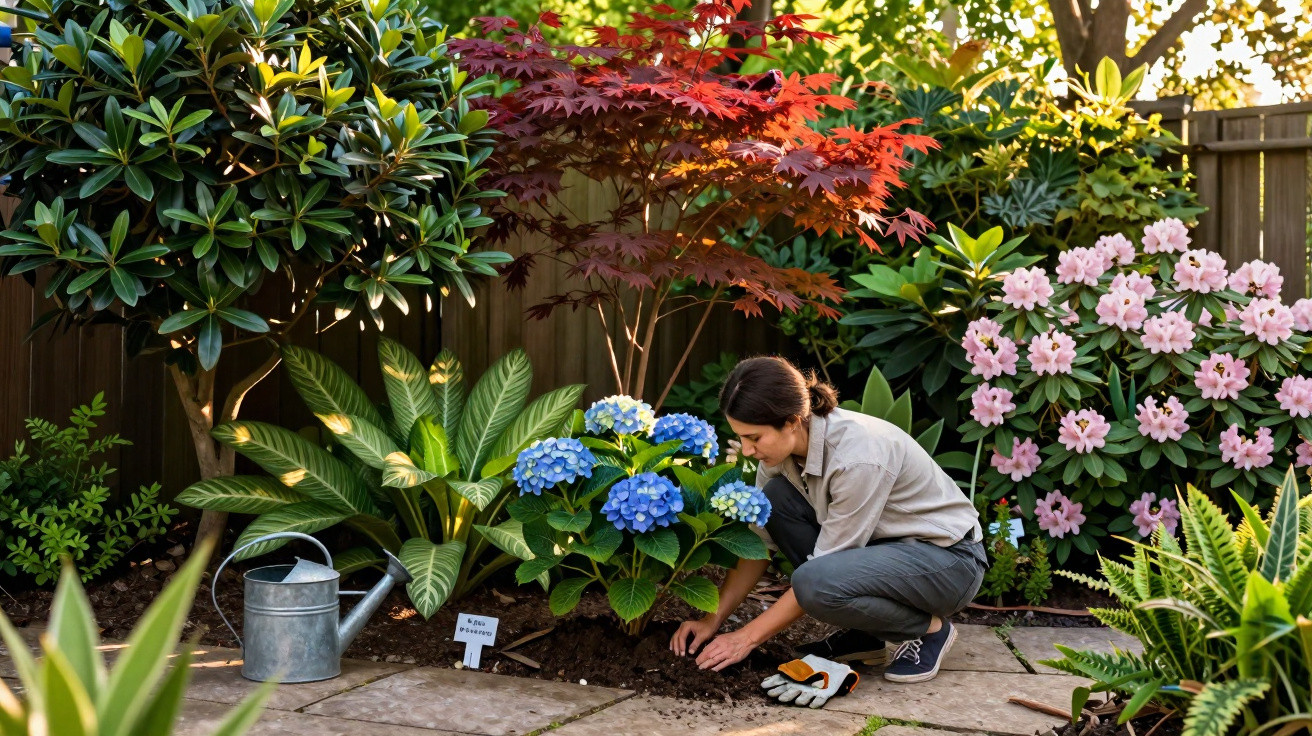 Woman gardening in a lush backyard with flowering plants, including blue hydrangeas and a red maple tree.