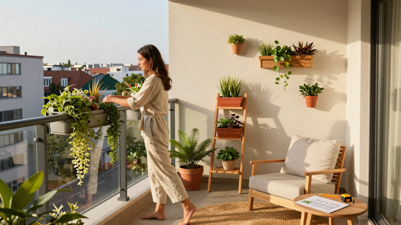 Woman tending to plants on a sunlit balcony with wooden furniture and various potted plants.