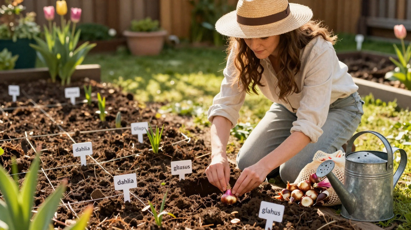 Woman wearing a hat planting flower bulbs in a garden bed with labelled sections on a sunny day.
