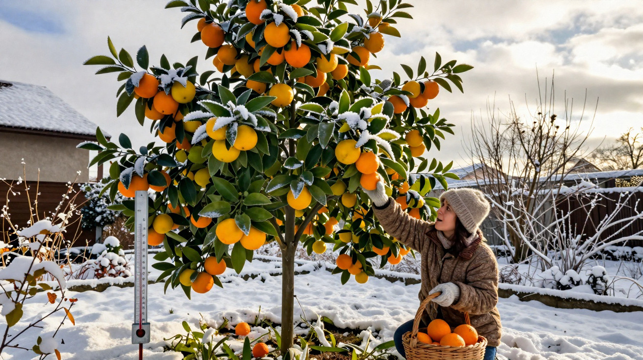Person picking ripe oranges from a snow-covered tree in a winter garden, holding a basket of fruit.