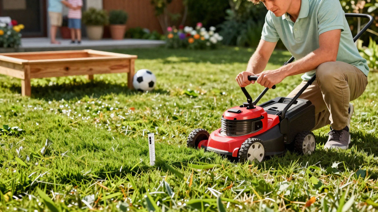 Young man adjusting a red lawn mower on a grassy backyard with a football and two children in the background.
