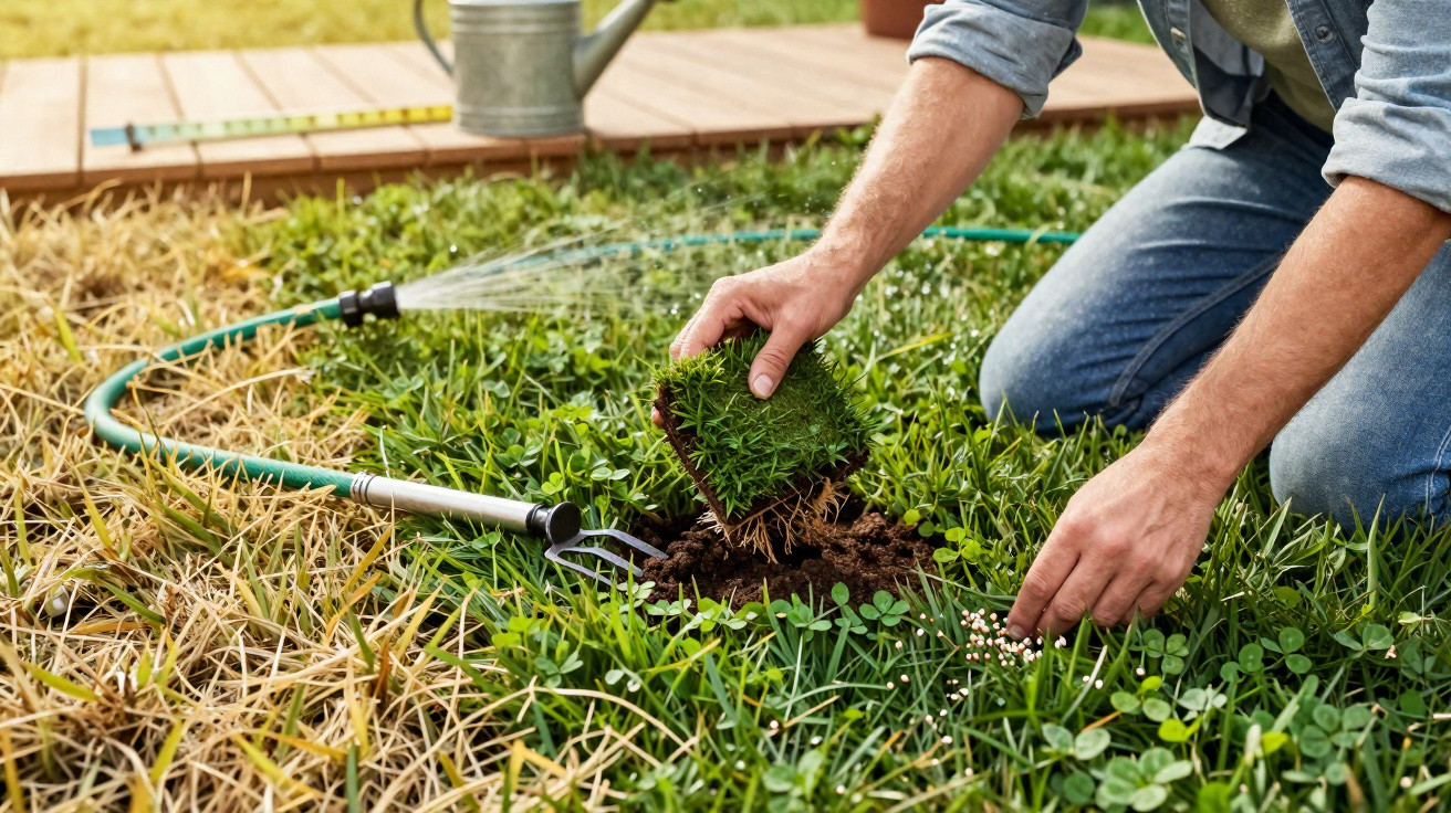 Person kneeling on grass patch, planting new turf with garden hose and watering can nearby.