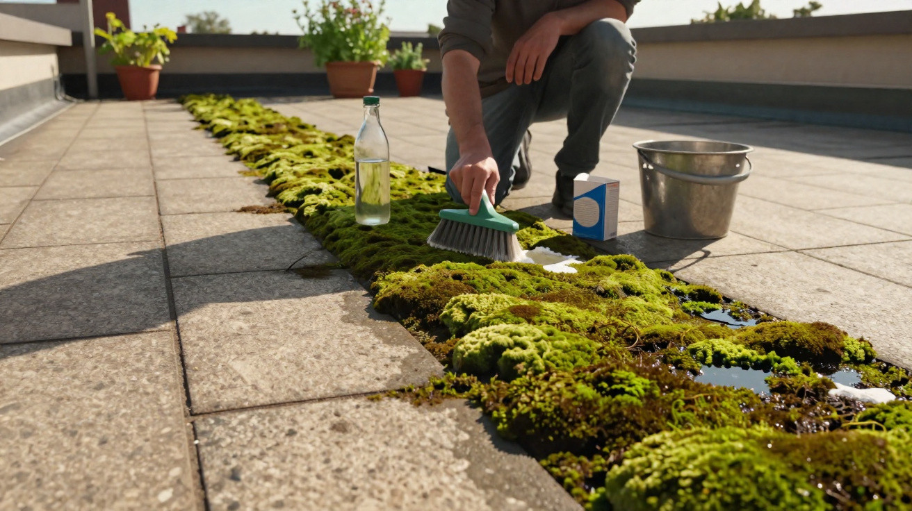 Person cleaning green moss growing between rooftop tiles using a brush and cleaning supplies.