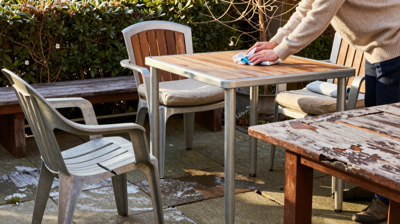 Person wiping a wooden outdoor table surrounded by plastic and wooden chairs in a garden patio.