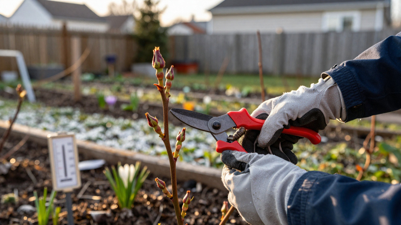 Hands wearing gloves using red garden shears to prune a budding rose stem in a garden bed.