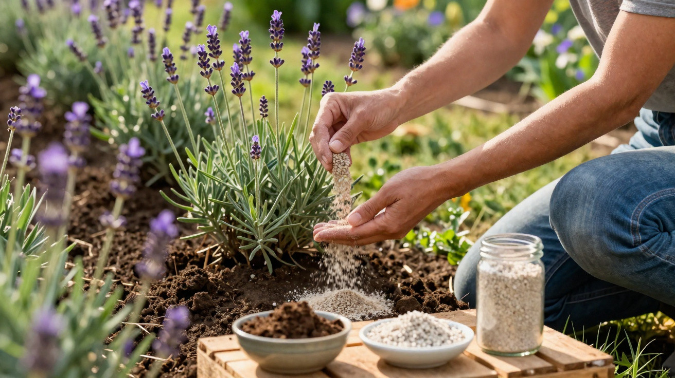 Person kneeling in a garden adding fertiliser to soil near blooming lavender plants on a sunny day.