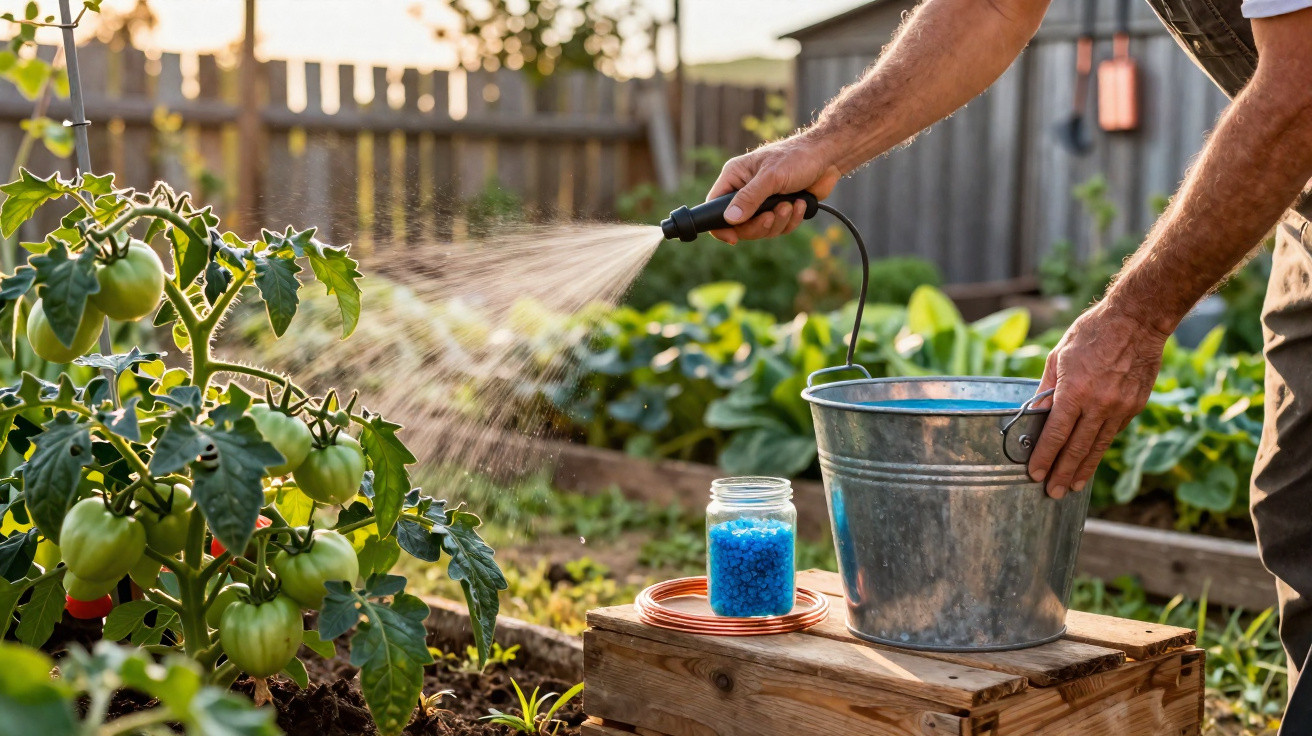 Person spraying tomato plants with water from a bucket in a garden with greenery in the background.