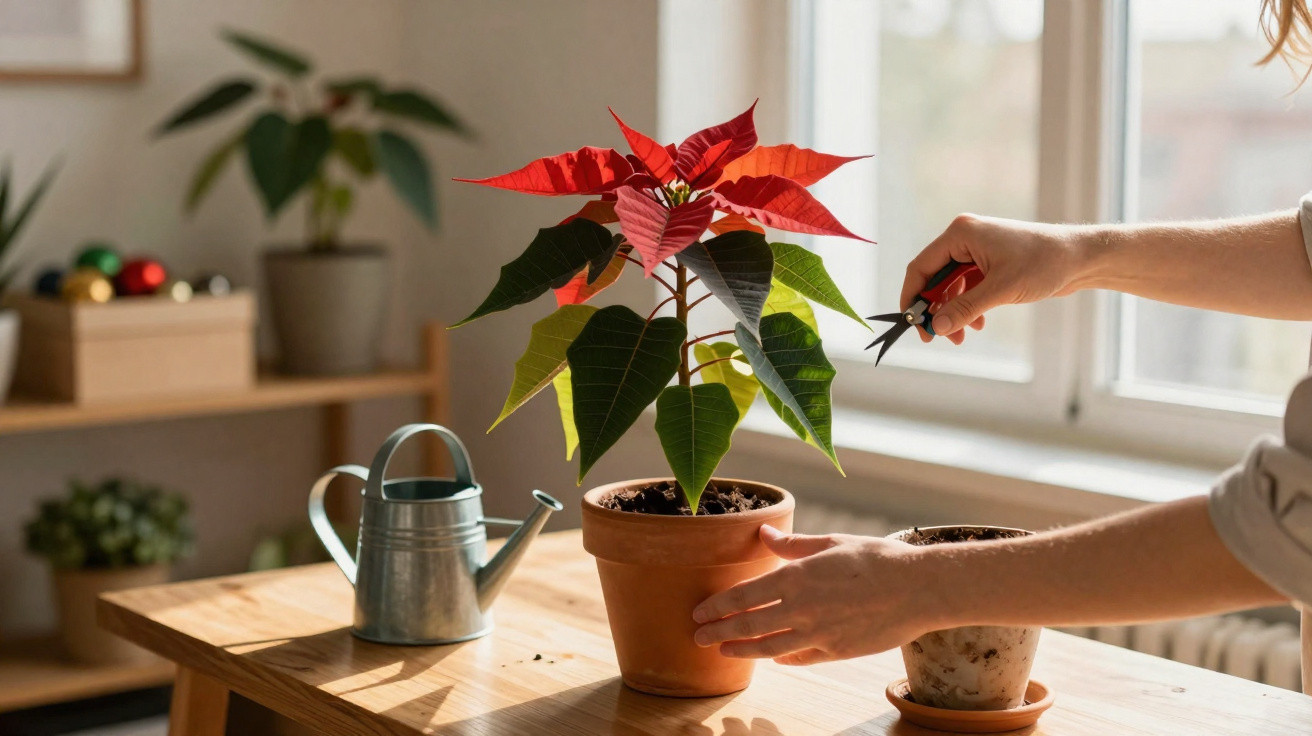 Hands pruning a potted poinsettia plant on a sunlit wooden table by a window.