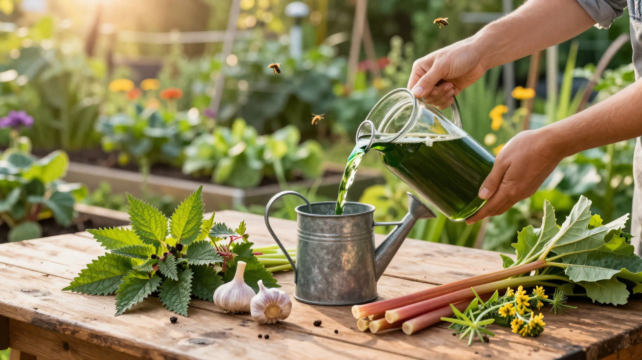 Person pouring green liquid from a glass jug into a watering can on a wooden table with plants and garlic.