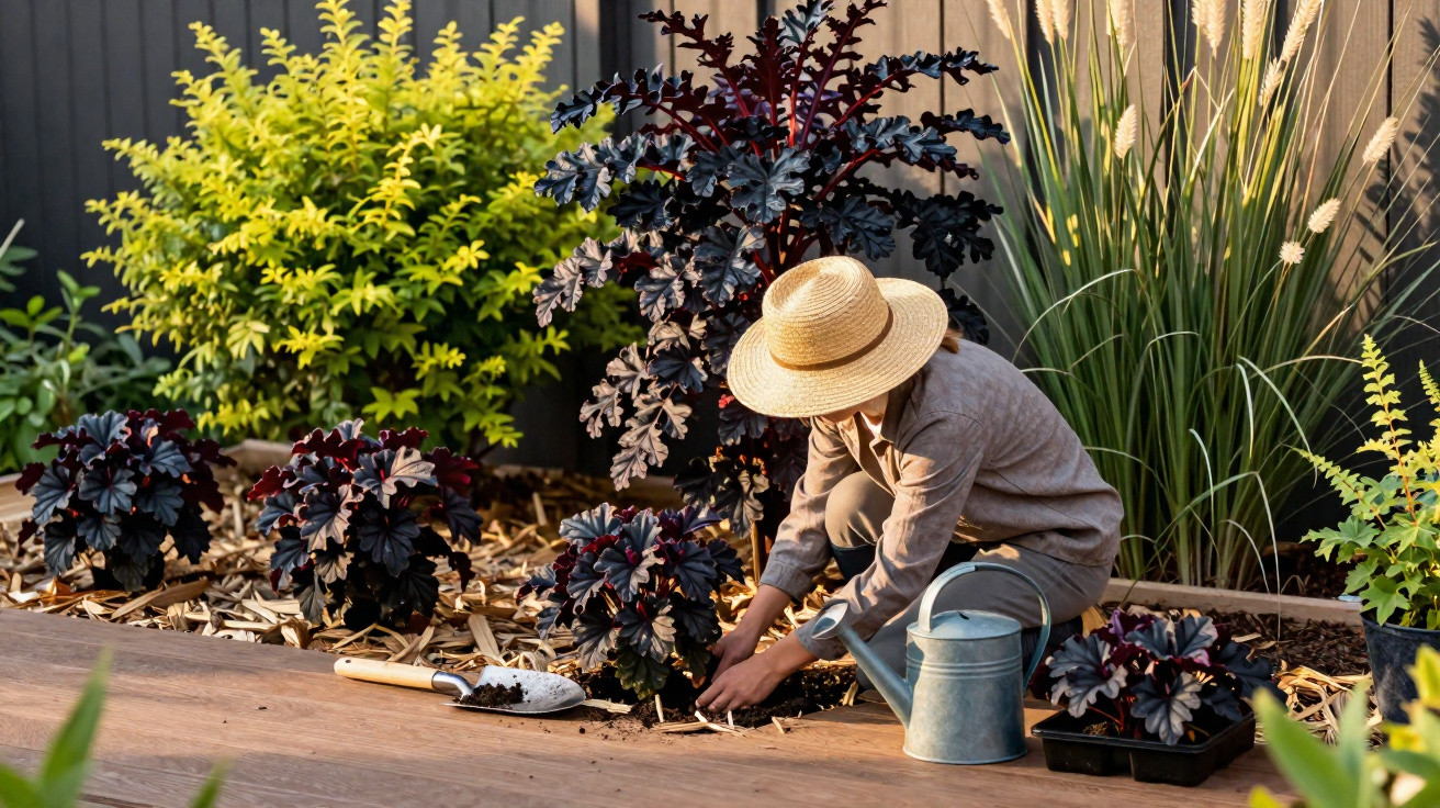 Person wearing a straw hat gardening with plants, a watering can, and a trowel on a wooden deck.