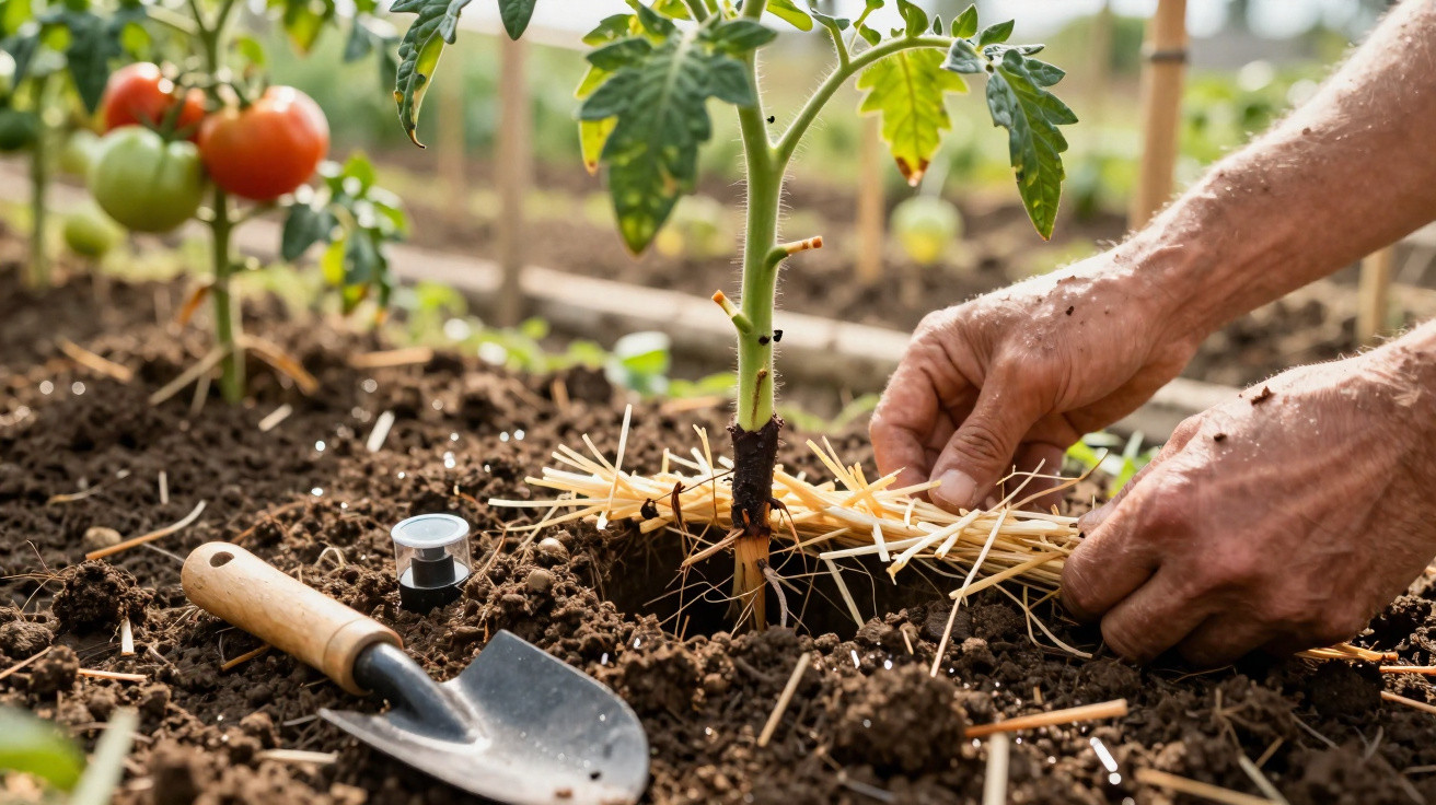 Hands placing straw mulch around a young tomato plant in a garden with a trowel nearby.