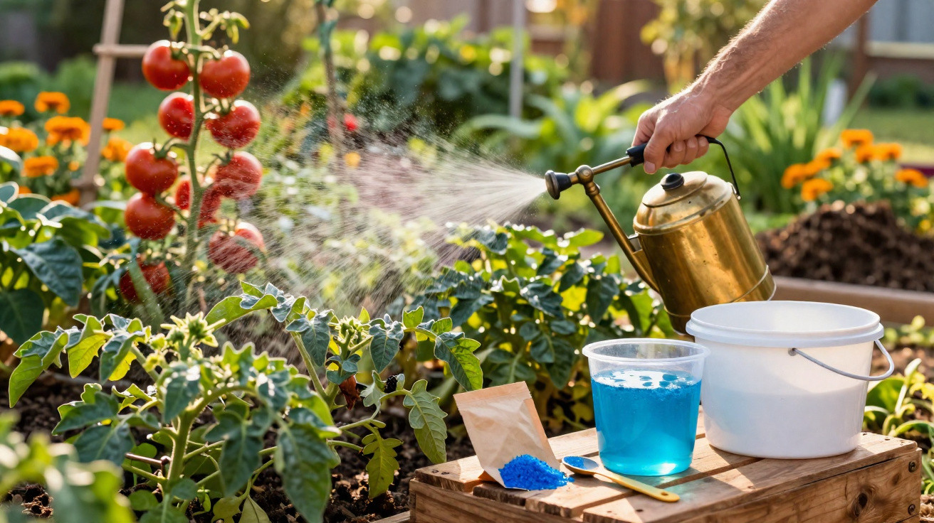 Hand watering tomato plants in garden with blue fertiliser and white bucket on wooden crate nearby.