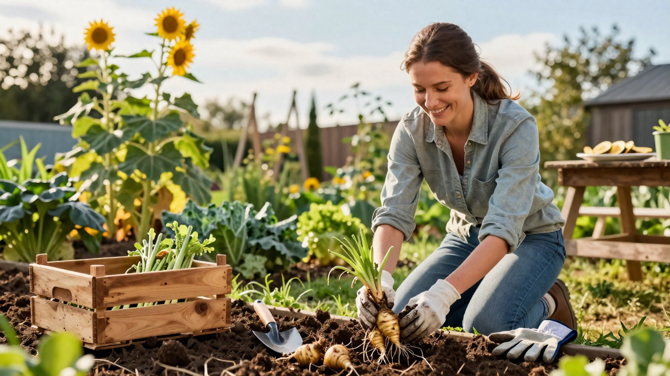 Woman harvesting root vegetables in a sunny garden with sunflowers and leafy greens in the background.
