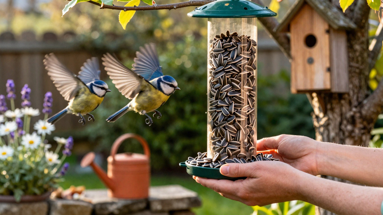 Two blue tits flying towards a sunflower seed feeder held by a person in a garden setting.