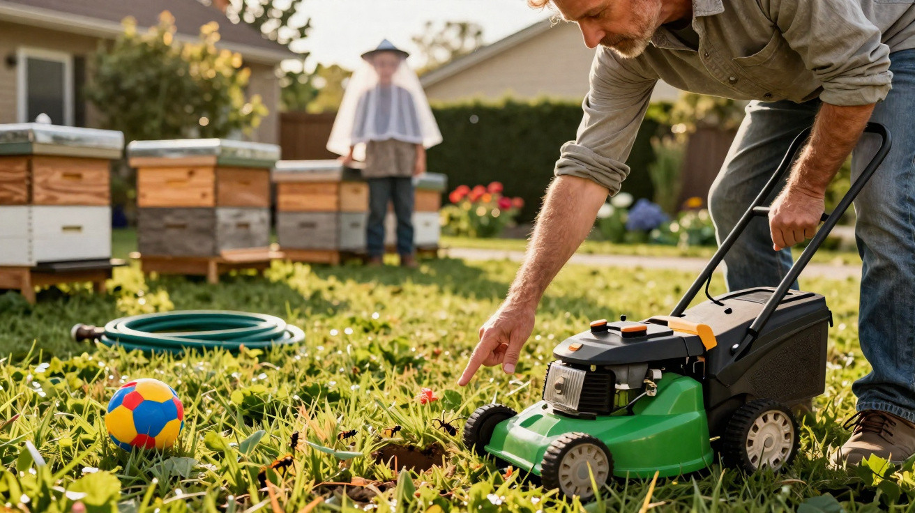 Man pointing at bees near a green lawn mower in a garden with beehives and a child wearing a beekeeper suit nearby