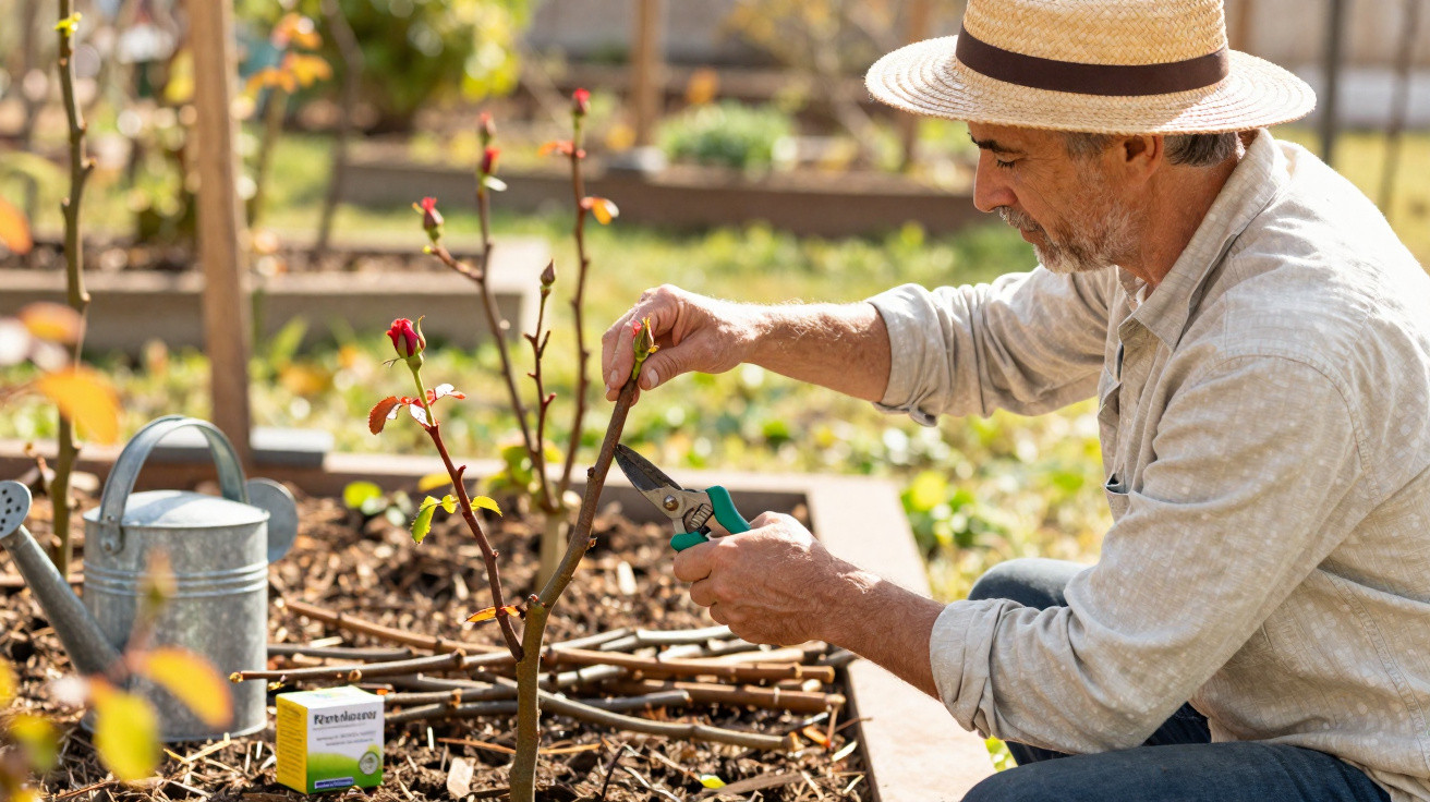 Man in a straw hat pruning a young rose plant in a garden bed with a watering can nearby.