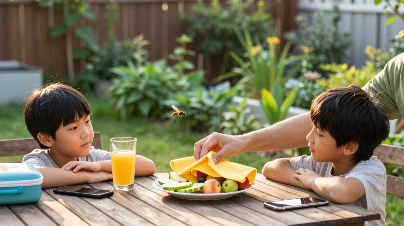 Two boys sitting at a wooden table outdoors with fruit plate, juice, and a bee flying between them.
