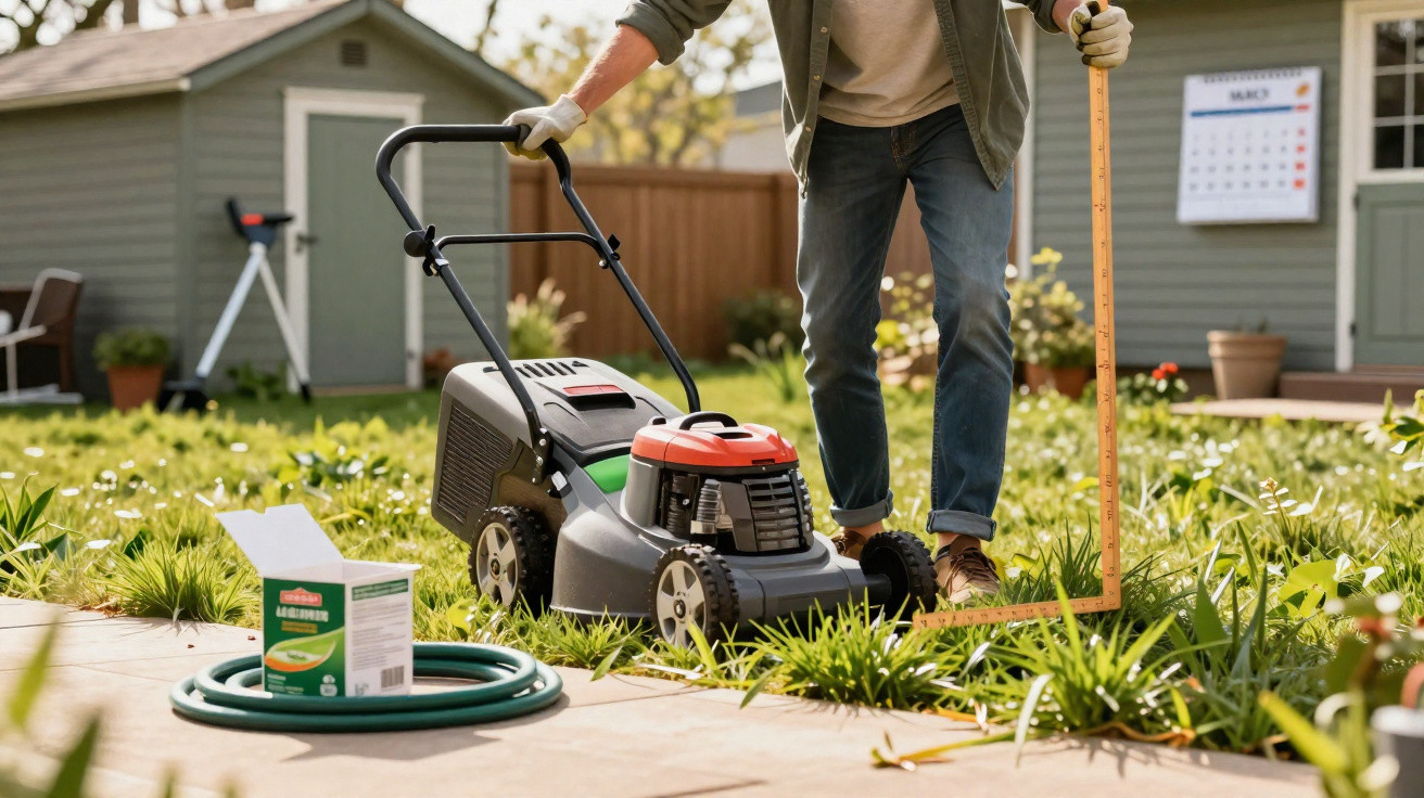 Person mowing a lawn with a push mower near a garden shed on a sunny day.