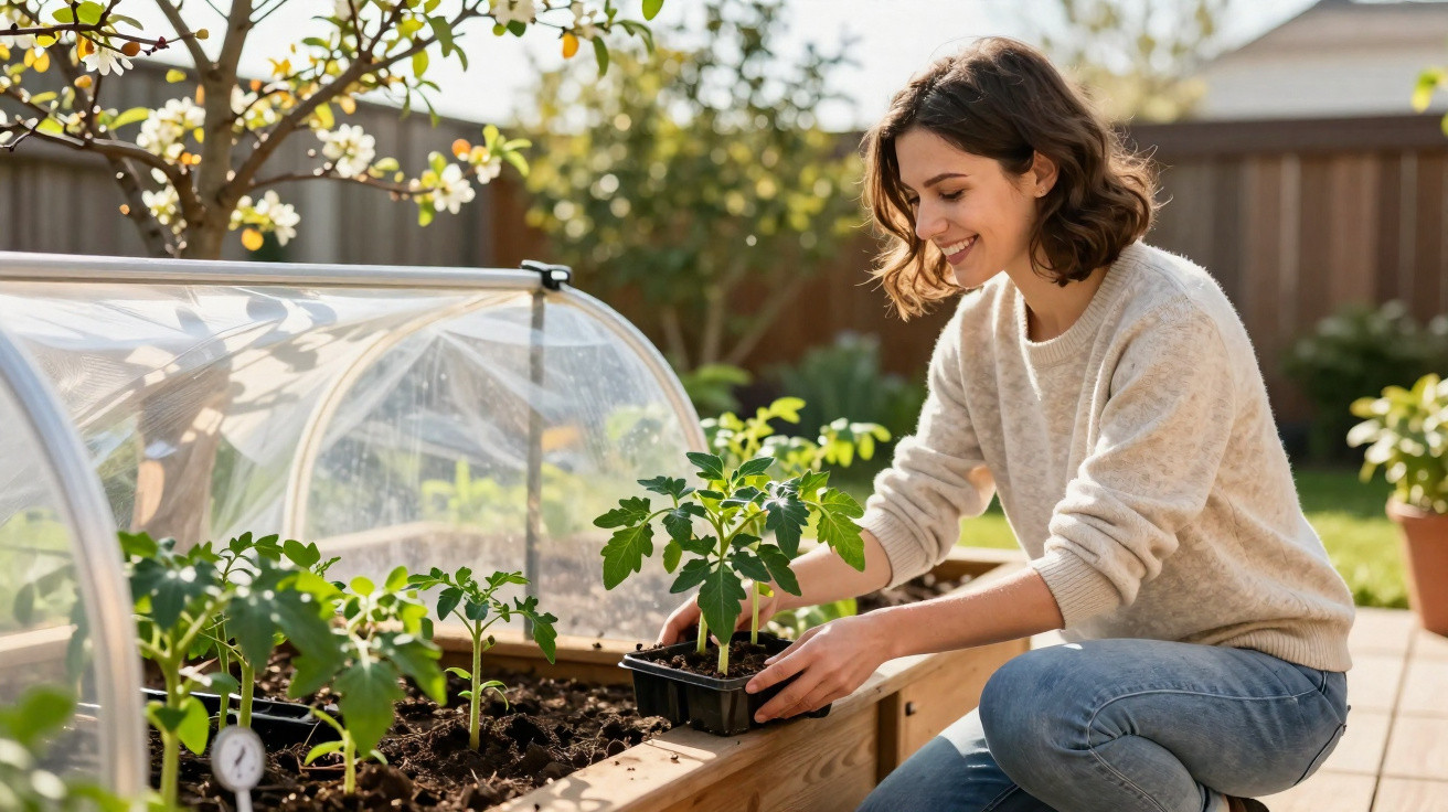 Woman planting seedlings in a garden bed with a mini greenhouse on a sunny day.