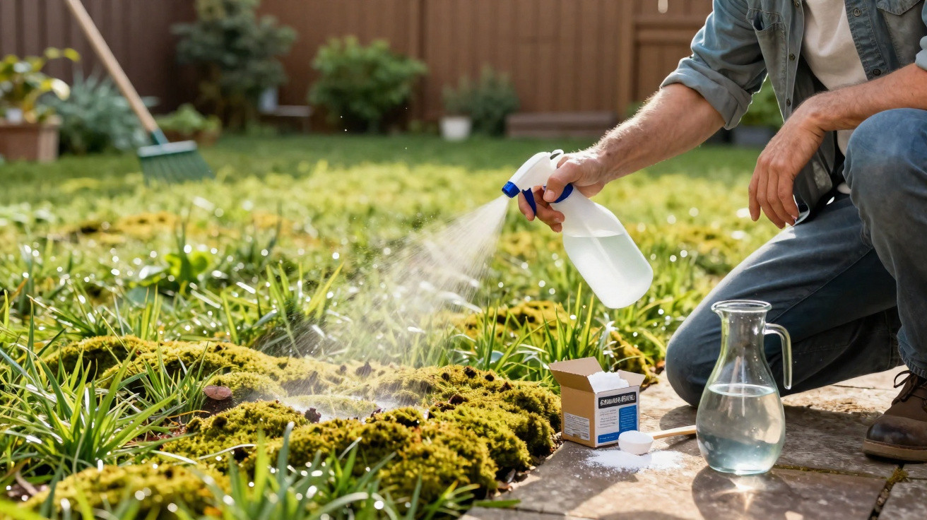 Person spraying weed killer on moss in a garden with a watering jug and product box nearby.