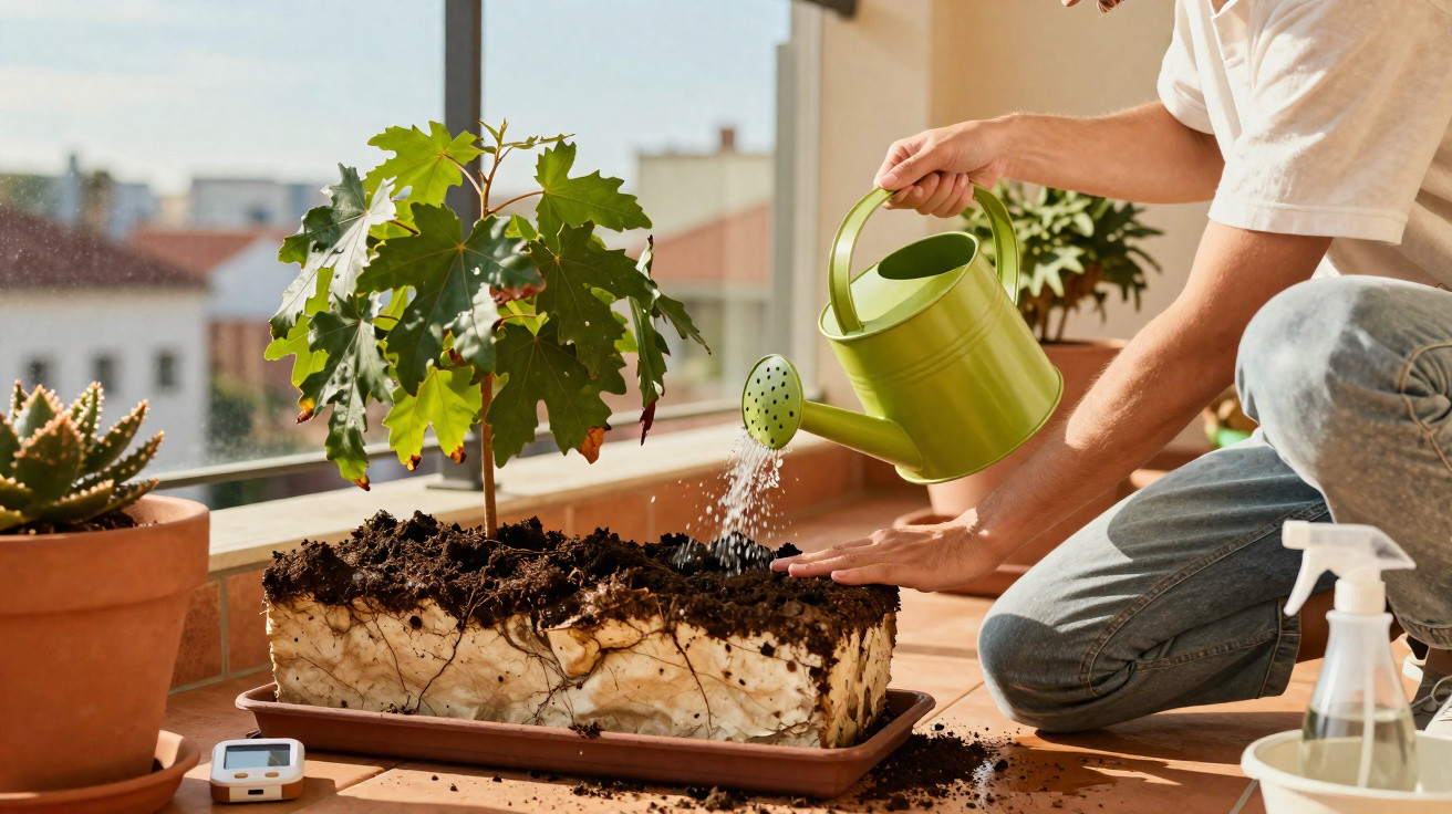 Person watering a potted plant with a green watering can on a sunny windowsill.
