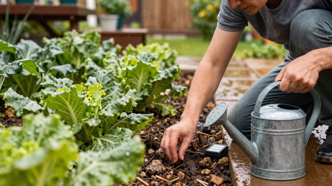 Person planting seeds with one hand and holding a metal watering can in a garden bed with leafy green plants.