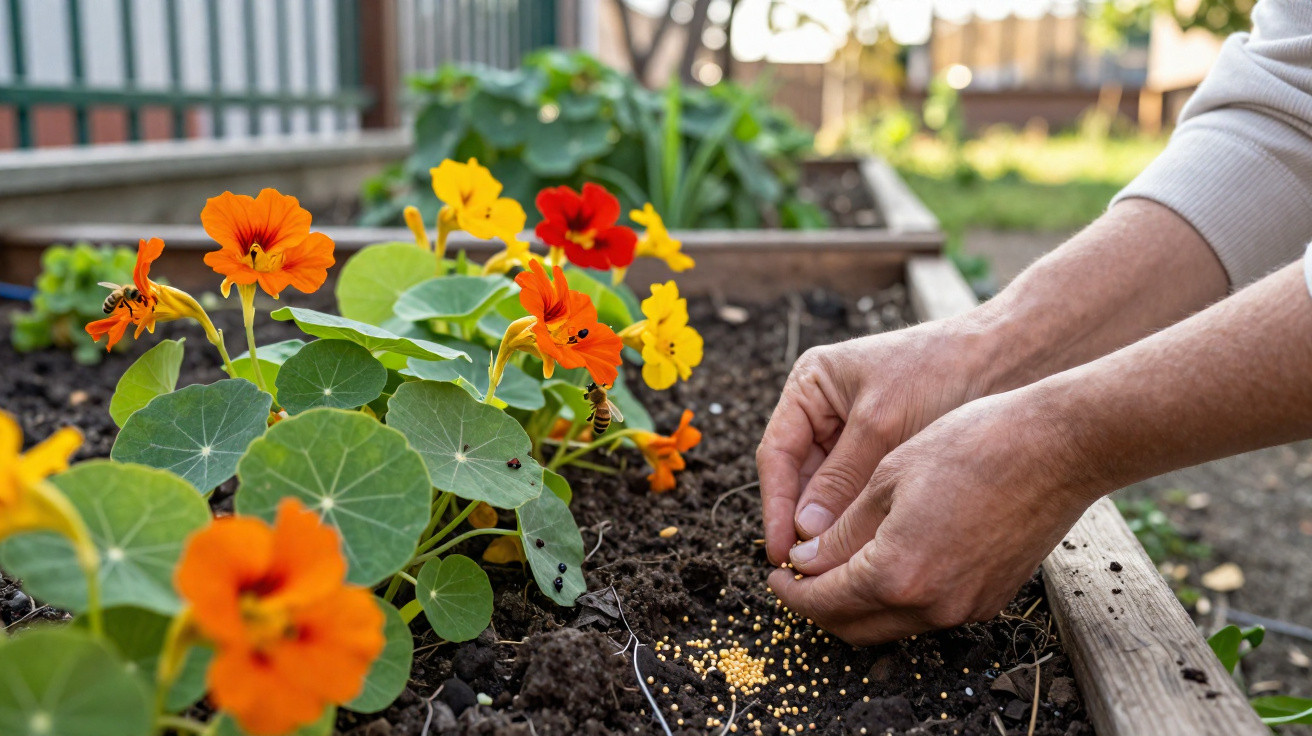 Hands planting seeds in soil next to vibrant orange and yellow flowers in a raised garden bed outdoors.