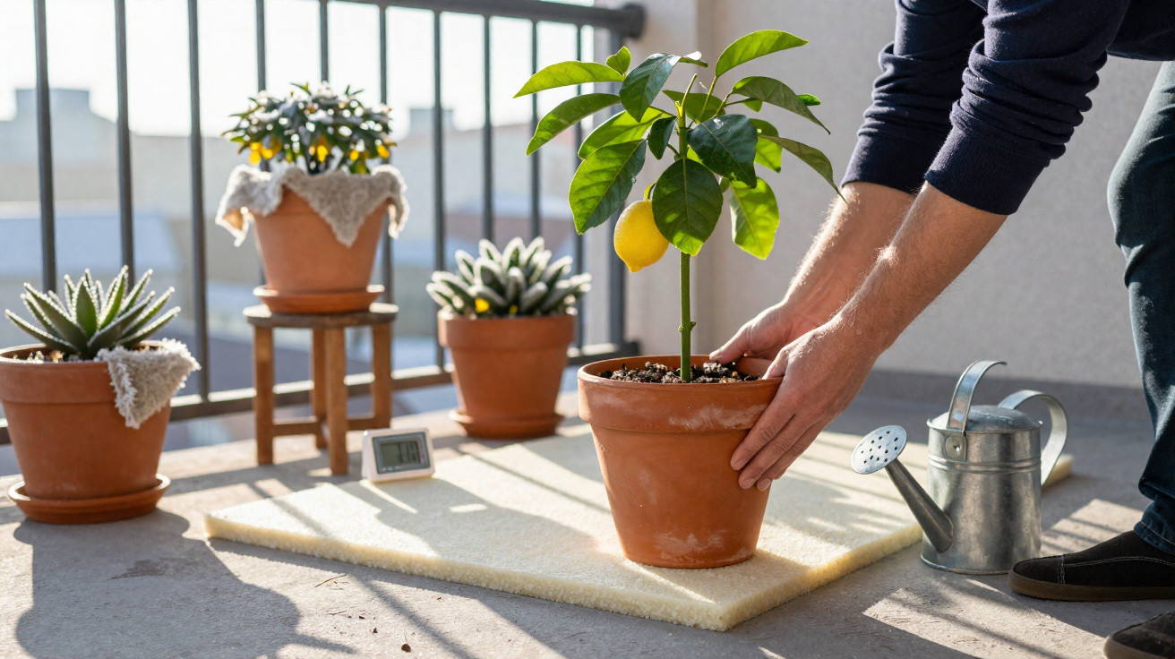 Person tending a lemon tree in a terracotta pot on a balcony with other potted plants and a watering can nearby.