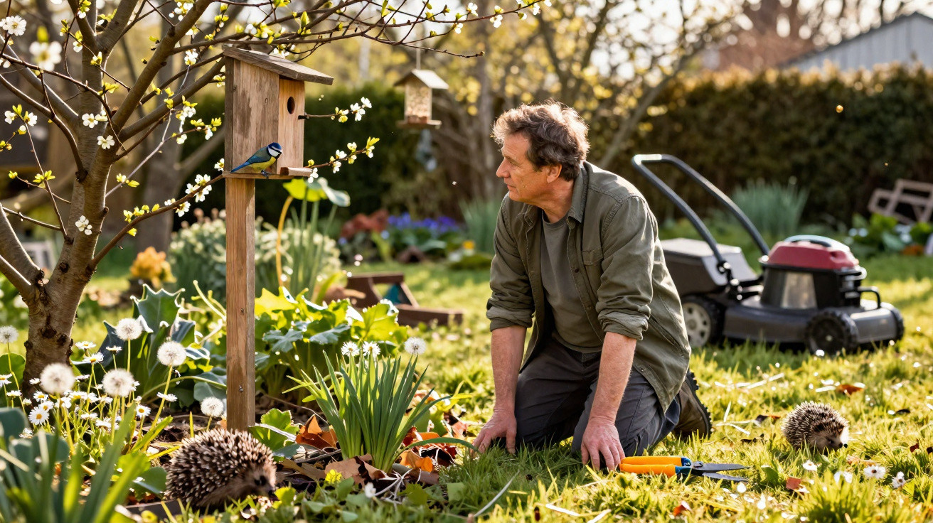 Man kneeling in garden watching bird on wooden birdhouse with two hedgehogs nearby and lawnmower in background
